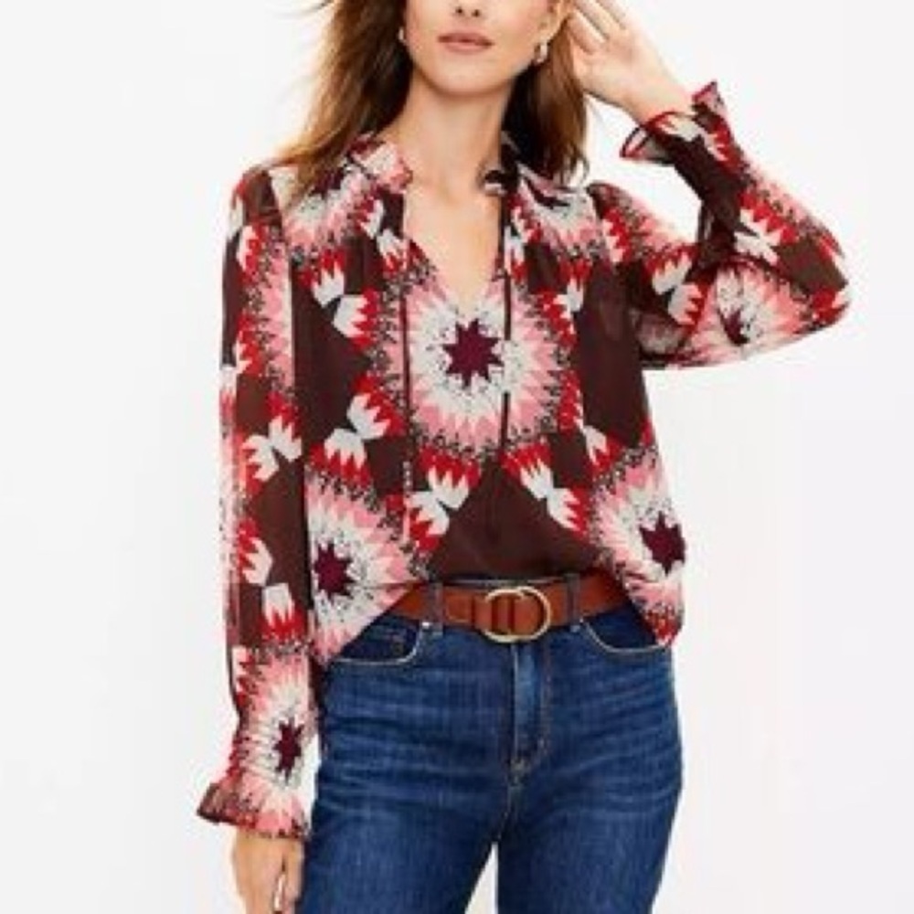 LOFT Patchwork Printed Quilt Long Sleeve Blouse Top Western Country